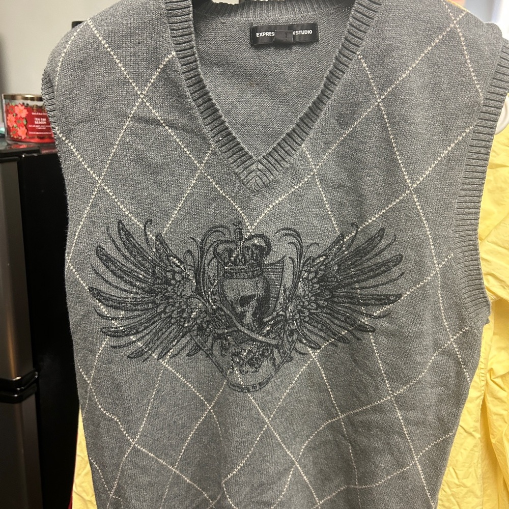 Express Studio Gray Argyle Sweater Vest